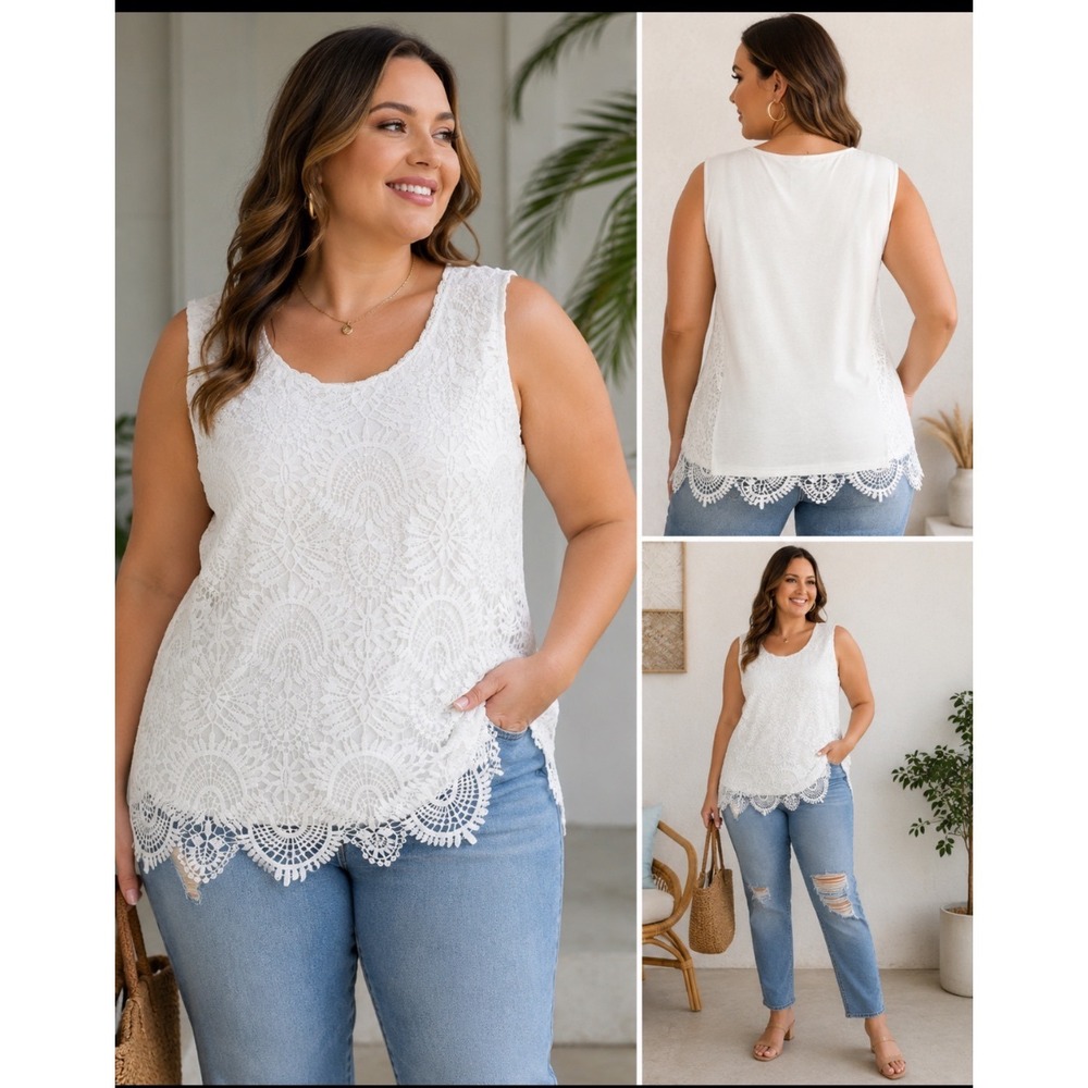 Emery Rose White Floral Lace Sleeveless Top Plus Size 1XL Boho‎ Scalloped Hem